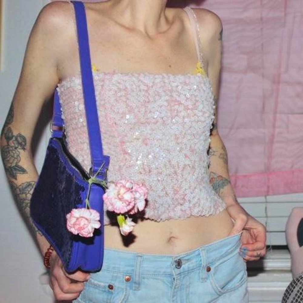 American Vintage Pink Iridescent Sequin Elastic Crop Tube Top